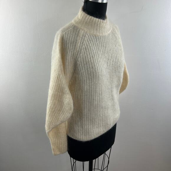H&M Cream Mohair Wool Blend Ribbed Mock Neck Long Sleeve Fuzzy Sweater Size L - Picture 5 of 8